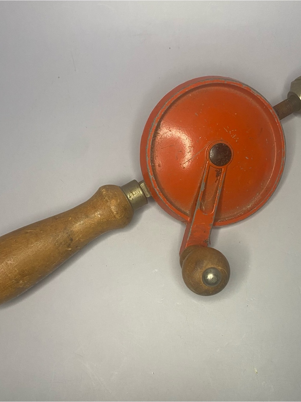 Vintage Egg Beater Style Hand Drill - Red Metal with Wood Handle